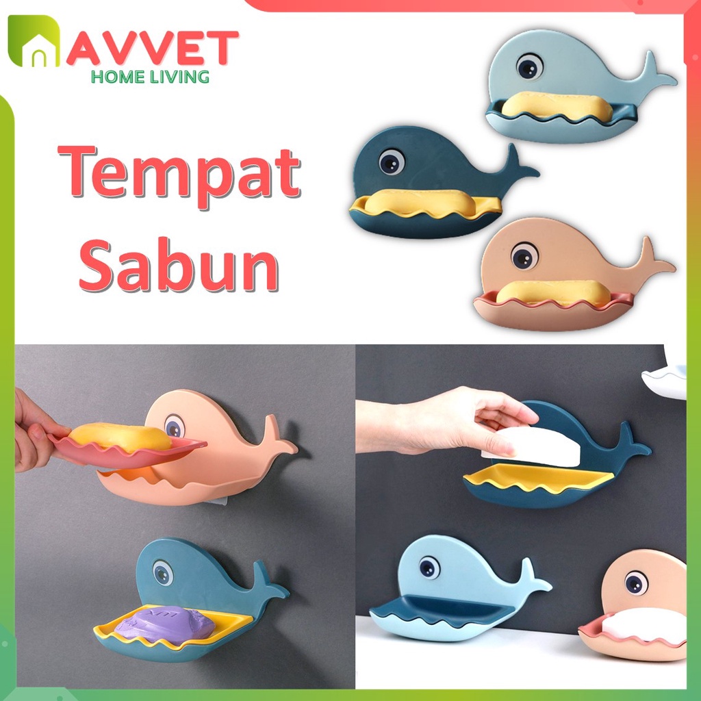 AVVET Tempat Sabun Batang Tempel Paus Lucu Plastik Model Ikan Paus Rak Sabun Kamar Mandi Tempel Murah Import Tirisan Spons Cuci Piring Holder Plastik Saringan Sabun Mandi