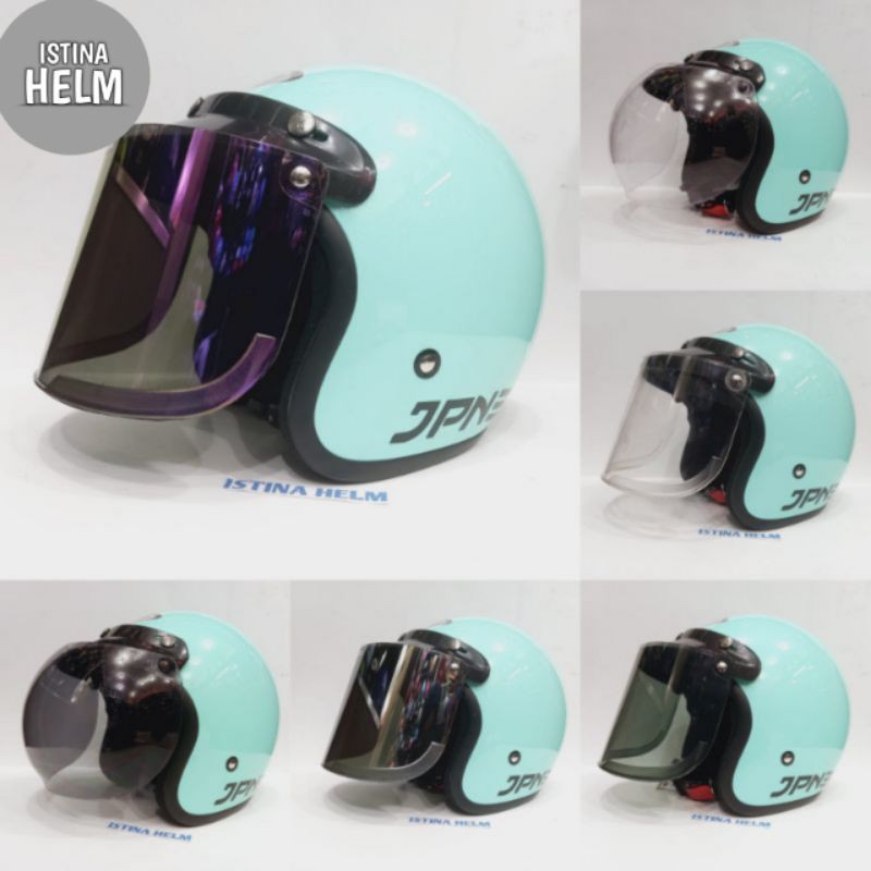 Helm JPN Hijau Pastel Kaca Flat Cembung Silver Pelangi