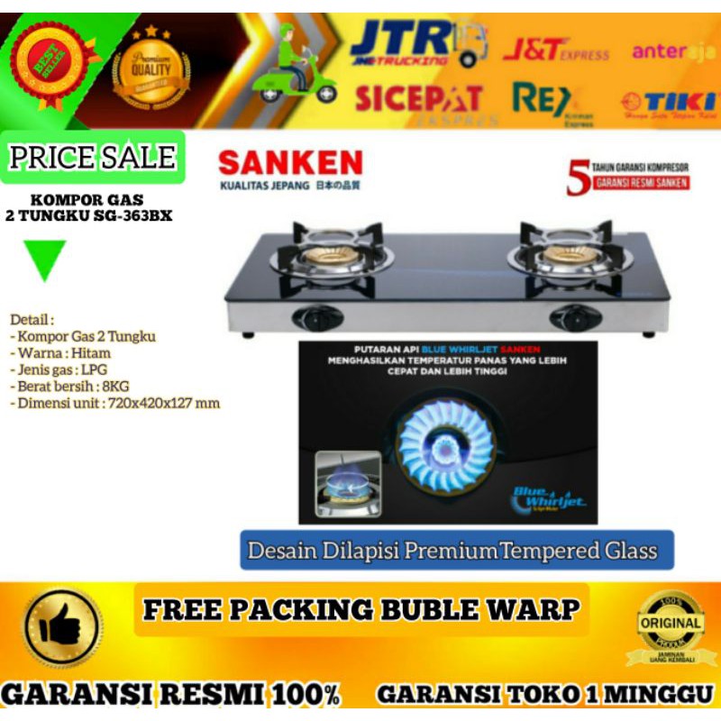 SANKEN kompor gas kaca 2 tungku SG 363BX SG363BX super tempered glass burner kuningan BLUE WHIRLJET