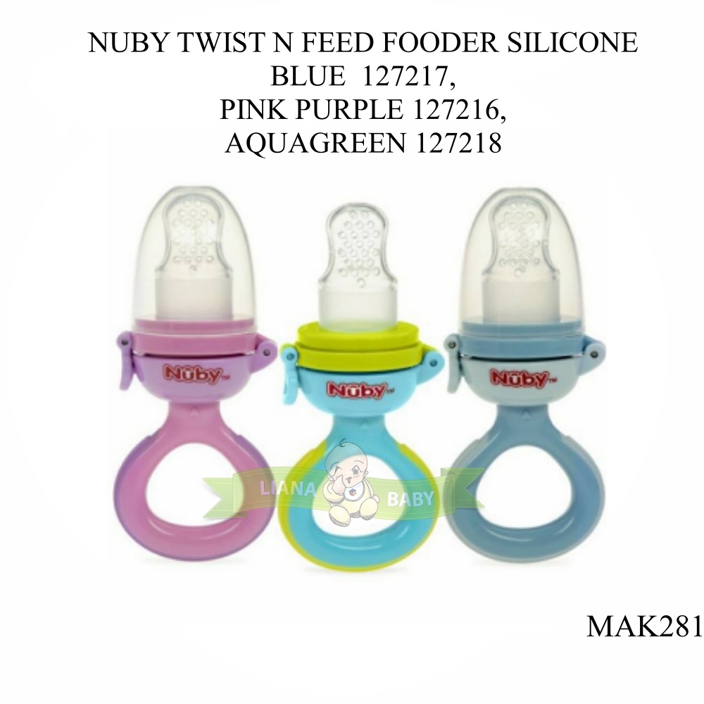 MAK281 NUBY TWIST N FEED FOODER SILICONE  BLUE  127217,  PINK PURPLE 127216,  AQUAGREEN 127218