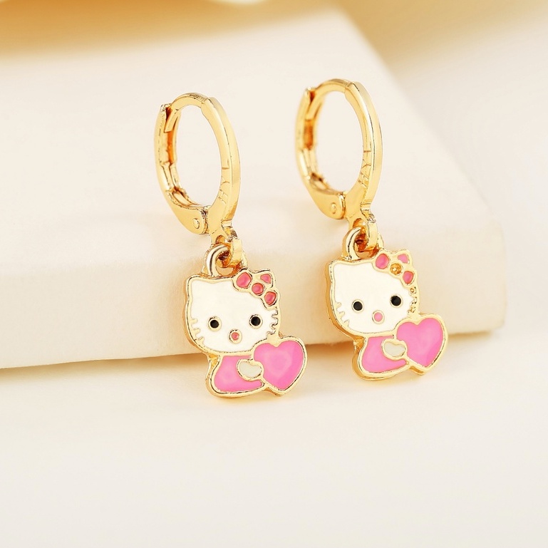 Y129【Pengiriman di tempat】Anting Anak Hello Kitty Karakter Kartun Dessy &amp; Bulat Perhiasan Lapis Emas Anting Anak Little Hello Kitty Pink