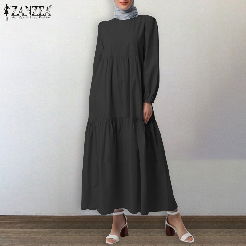 ZANZEA Women Solid Color Plus Size O Neck Retro Muslim Maxi Dress