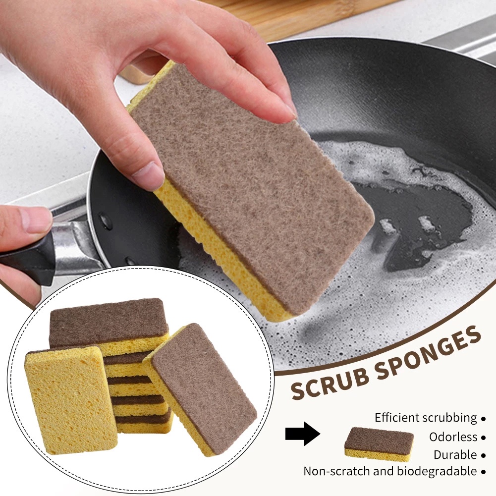 Double Sided Sisal Sponge / Biodegradable Wood Pulp Cotton Scouring Pad / Kitchen Oil-free Dishwashing