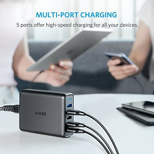 Original ANKER A2054611 PowerPort 5 Speed Desktop Charger 60W with Quick Charge 3.0 5 USB Port Black