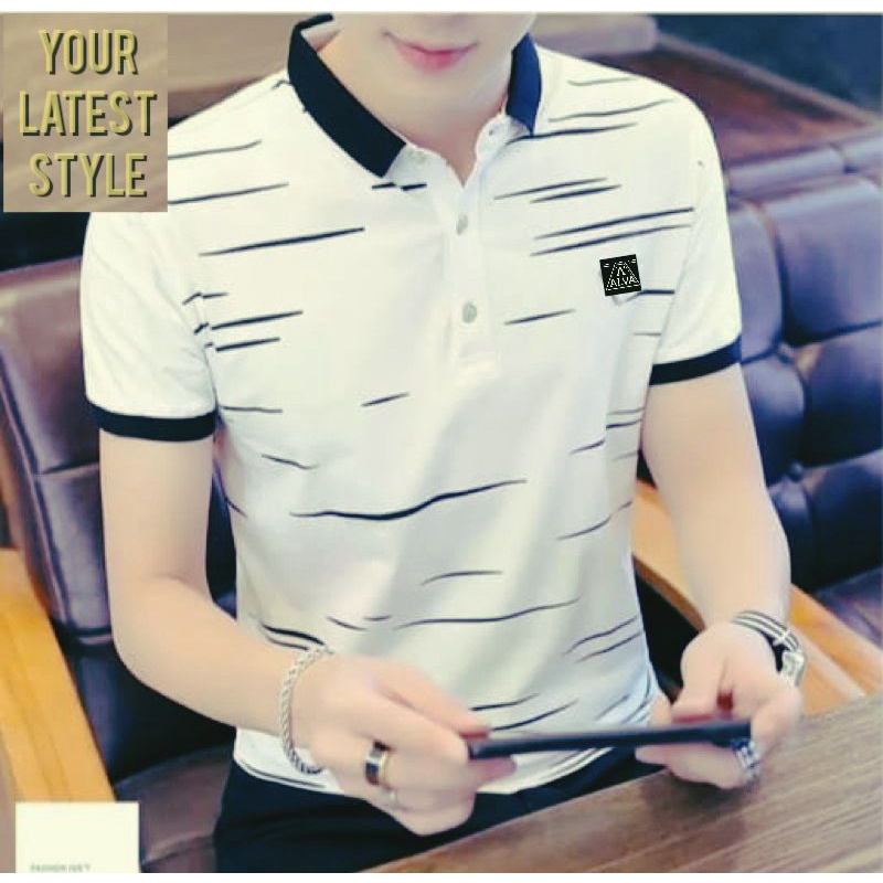 ( New Arrival ) Original Distro Bandung Polo Shirt Pria Motif Garis kerah Sporty Formal cotton