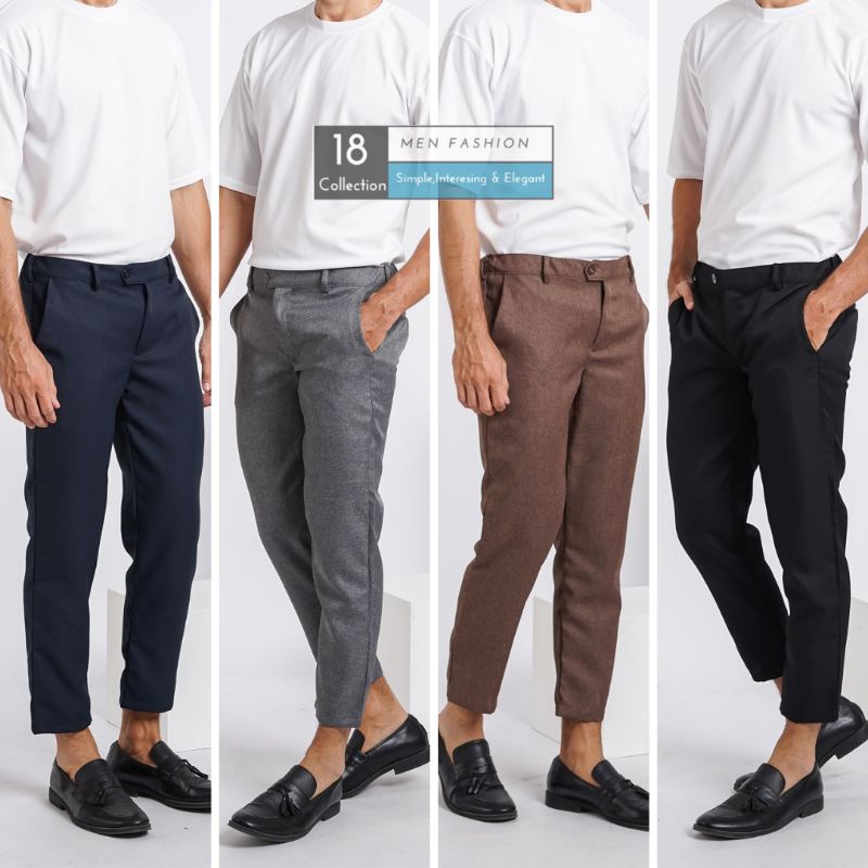 [Best Seller] Men Trousers Stripe &amp; Plain Celana Bahan Kantoran Motif Garis &amp; Polos