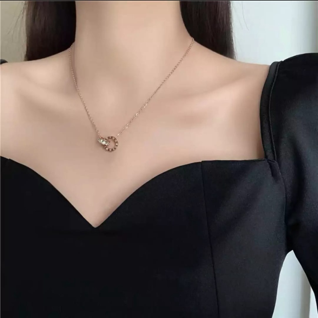 KALUNG TITANIUK WANITA DOUBLE CINCIN ROMAWI ANTI KARAT FASHION KOREA