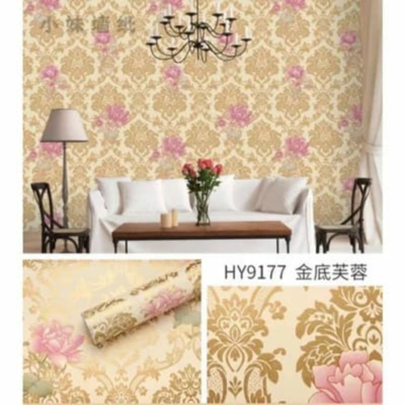 WALLPAPER STIKER DINDING.MOTIF BATIK GOLD BUNGA PINK