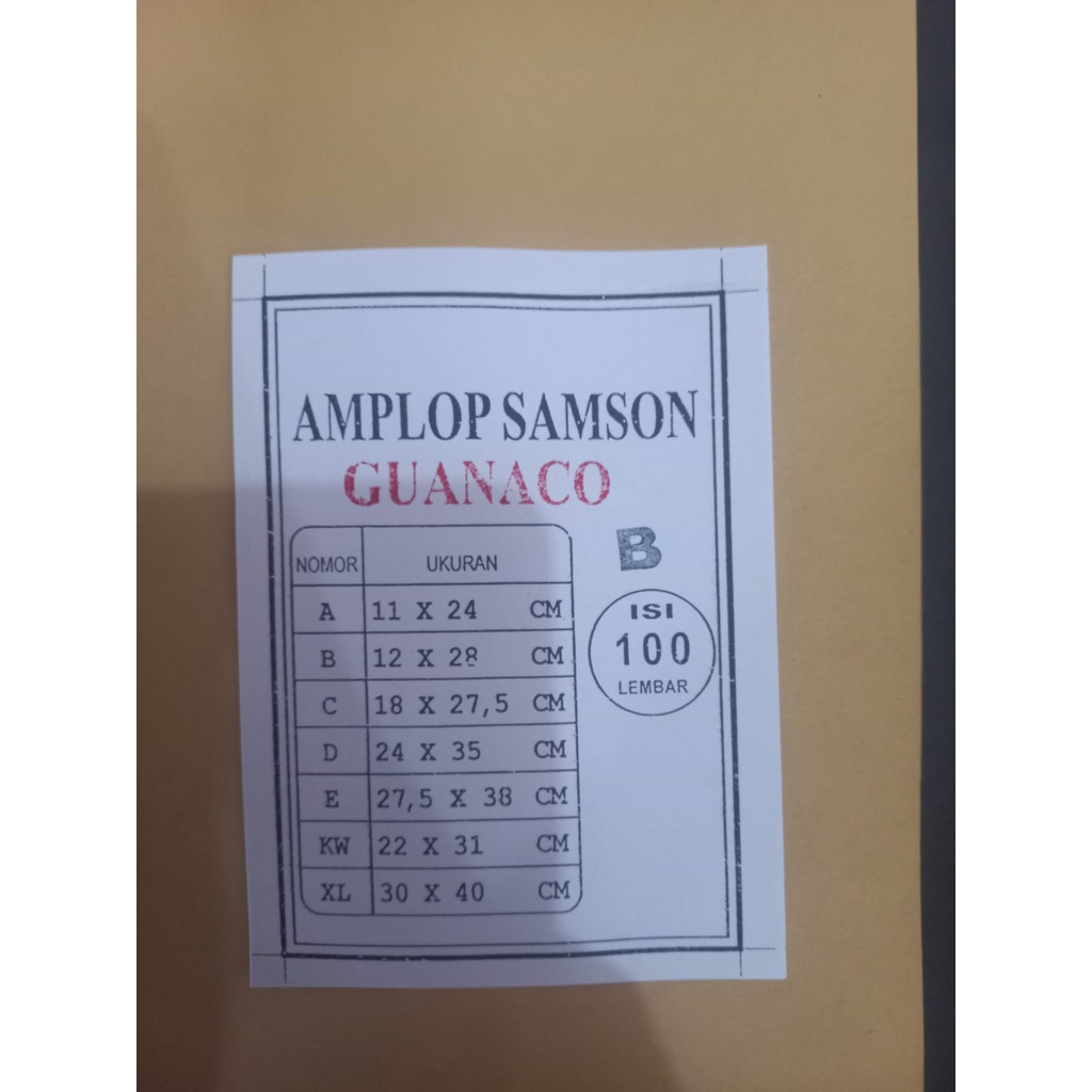 

Amplop Samson Ukuran B Guanaco 12 x 28 cm Isi 100 Lembar / Amplop Samson B Guanaco / Amplop Coklat