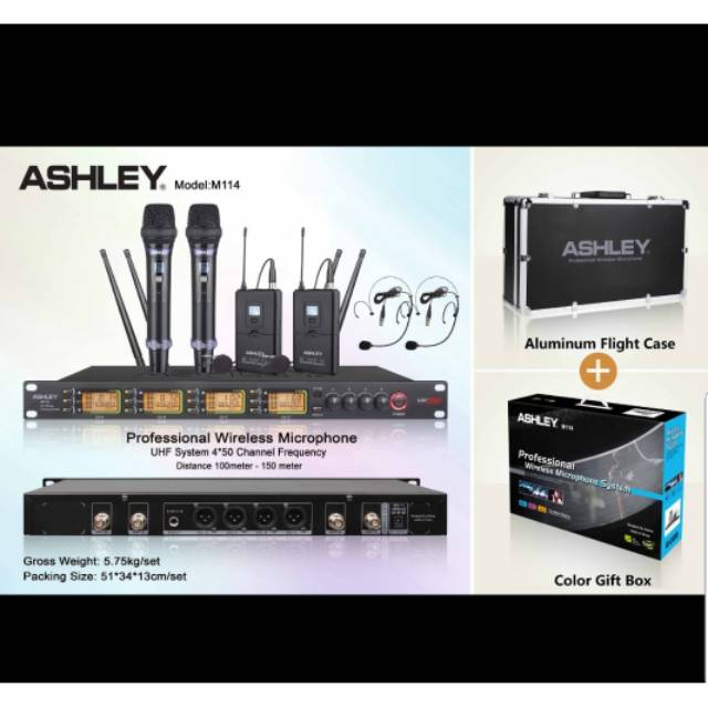 MIC WIRELESS ASHLEY M114 M 114  2 MICPEGANG+2 MIC CLIP ON+HEADSET ORIGINAL