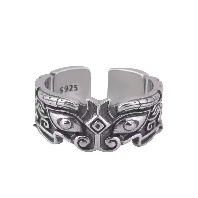 Taotie Cincin silver Motif Wajah Hewan Gaya retro Untuk Pria