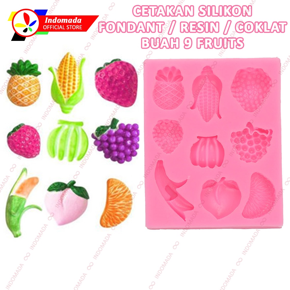 Indomada Cetakan Silikon Fondant 9 Buah Nanas Stroberi Pisang Persik Anggur Jeruk Jagung Cokelat Cok