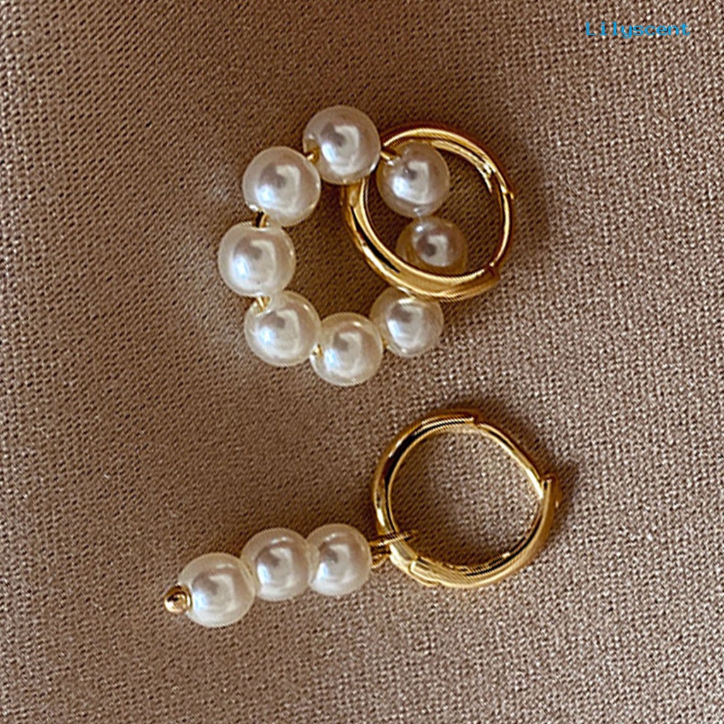 Anting Bentuk Lingkaran Ganda Asimetris Aksen Mutiara Tiruan Warna Emas Untuk Pemakaian Sehari-Hari