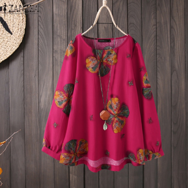 ZANZEA Women Long Sleeve Loose Retro Floral Printed Casual Blouse