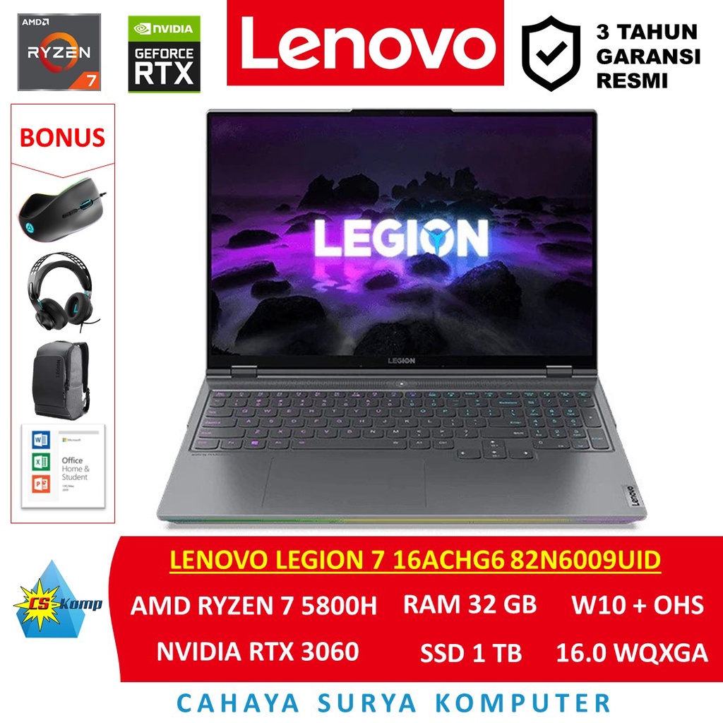 Lenovo Legion 7 16ACHG6 82N6009UID | AMD Ryzen 7 5800H | RTX 3060 | RAM 32GB | SSD 1TB | W10 | OHS |