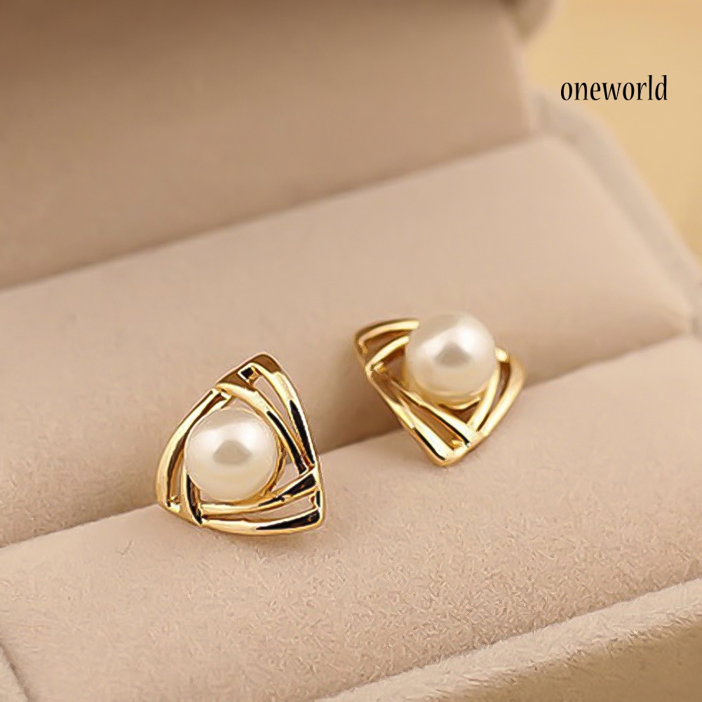 OW# Women Faux Pearl Inlaid Double Triangle Crossover Ear Stud Earrings Jewelry Gift