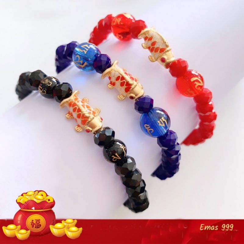 MELDY SHOP - EMAS / PLATINUM gelang tali kristal serut ulir 24k - 999 charm baby koi fist ikan rejek
