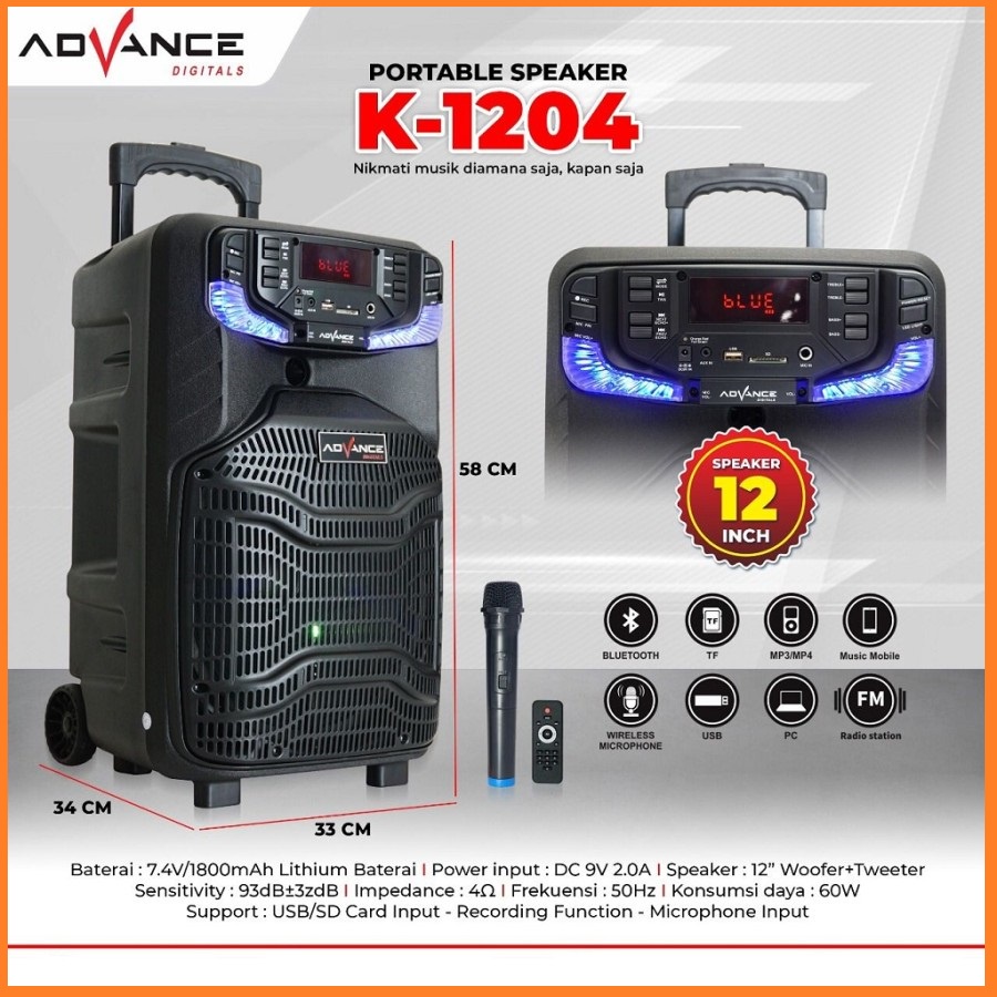 Advance K1204 NEW Speaker Meeting Bluetooth 12 Inch Free 1 mic wireles