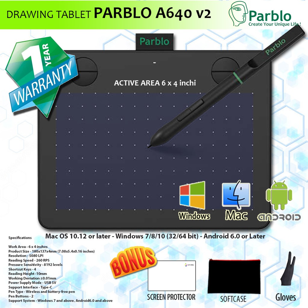 PARBLO A640 V2 Pen Tablet Drawing 8192 Press Level  SUPPORT ANDROID Garansi 1 tahun