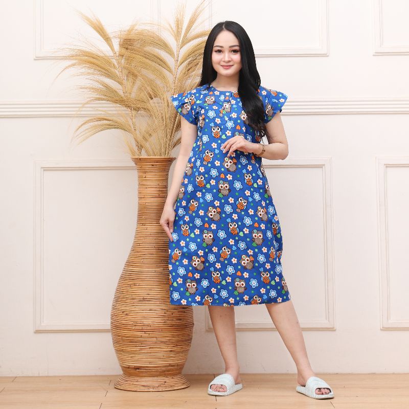 Daster Batik Lengan pendek - Motif Acak / Campur - Leher Kancing /Batik karakter busui-Burhan biru