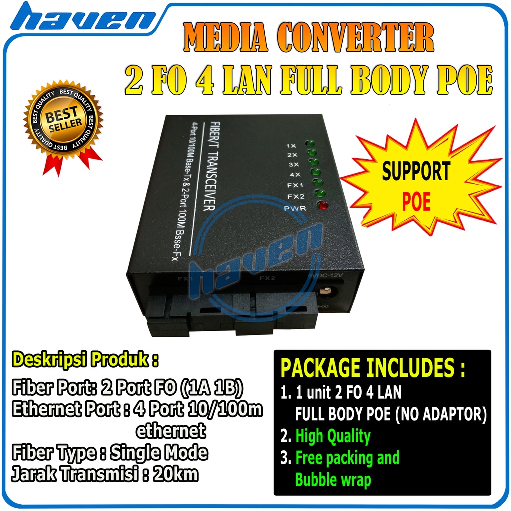 Media Converter 2 Port FO 4 Port LAN 10/100 / 2 FO 4 LAN Support POE