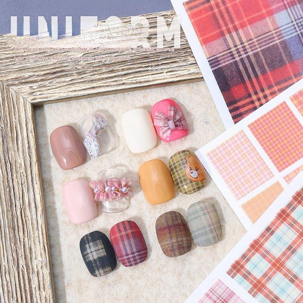 Mxbeauty Seragam Kotak-Kotak Stiker Kuku Tahan Air High-end Kuku Kecantikan Gaya Jepang DIY Kuku Decals Nail Art Watermarks