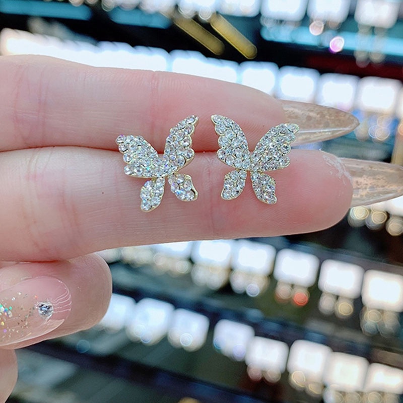 Anting 925 Silver Needle Desain Kupu-Kupu Aksen Berlian Penuh Gaya Perancis Untuk Wanita