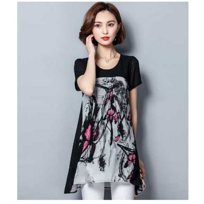 Blouse wanita hitam sifon motif gambar rame korea lengan pendek elegant
