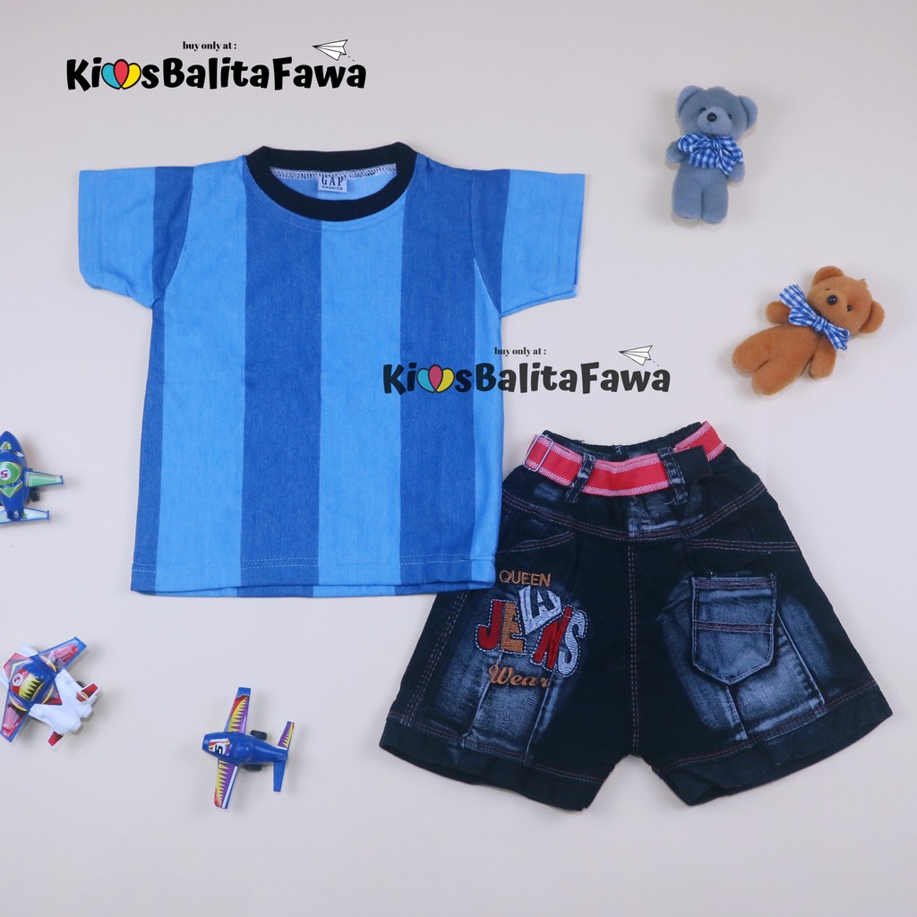 Setelan Salur Jeans uk 1-2 Tahun / Kaos Anak Murah Celana Jeans Anak Murah Setelan Anak Murah