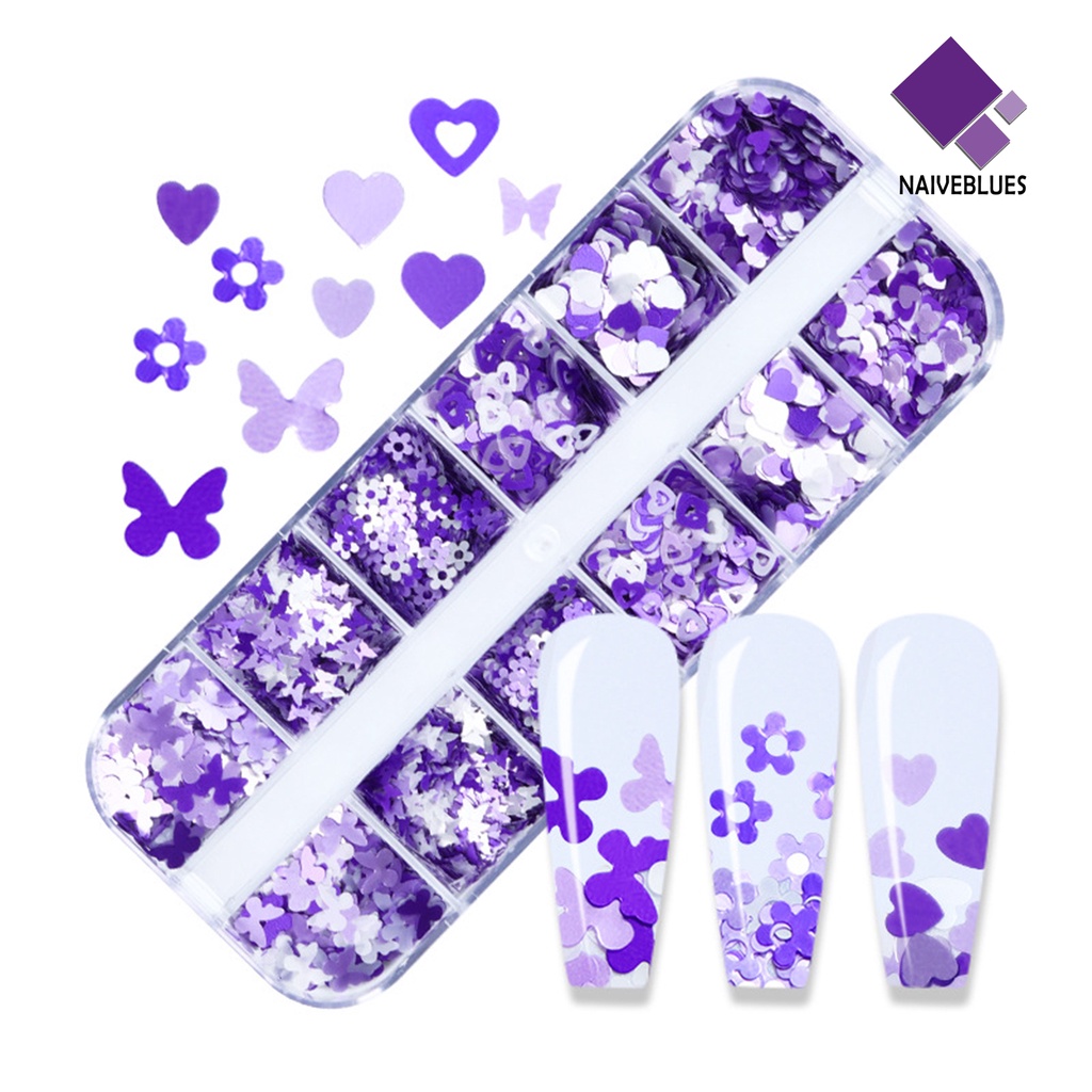 Naiveblue &gt; 12 Sekat / Set Hiasan Kuku Motif Bunga Plum Aksen Glitter Untuk Nail Art / Manicure