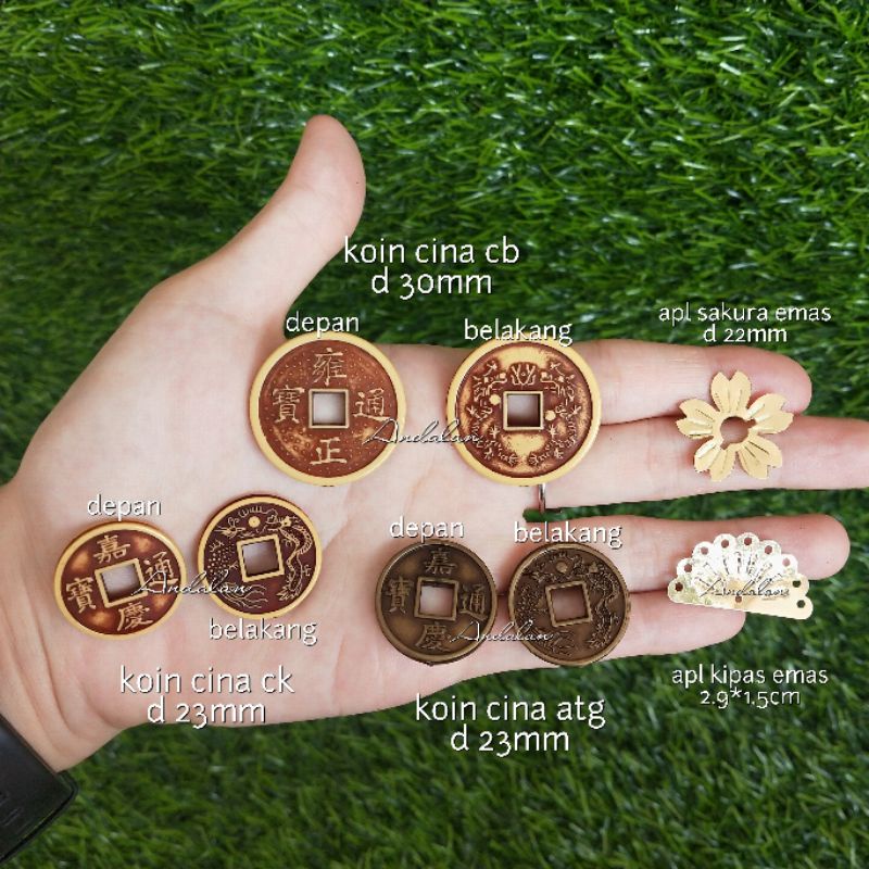 Aplikasi Sakura Emas, Kipas Emas dan Koin Cina Coklat Cb Ck Atg Hiasan Dekorasi Imlek Sincia
