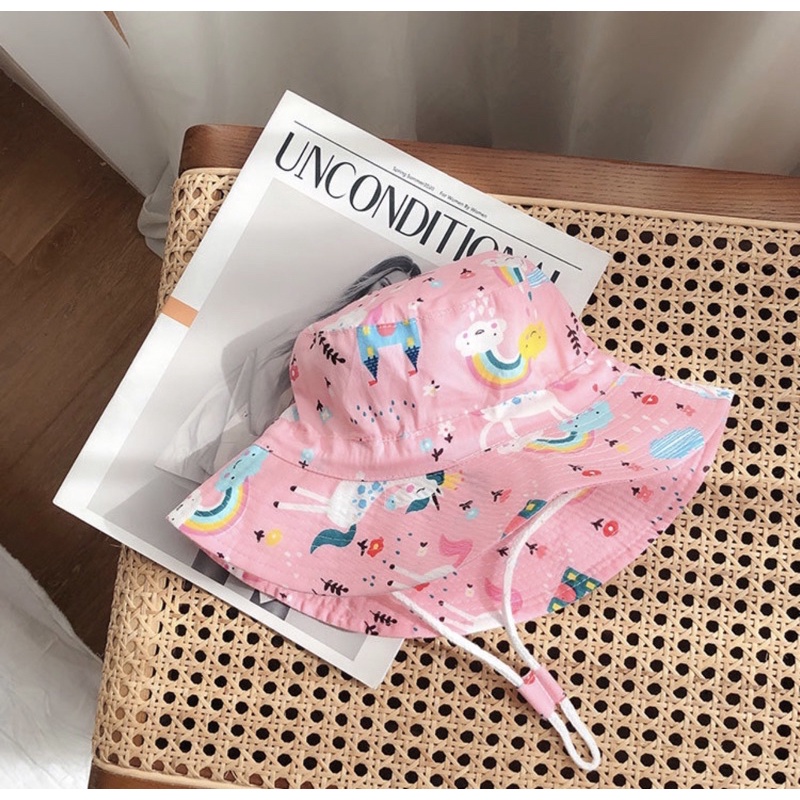 Topi Bucket Anak Bayi Balita Model Animal Tali Serut-Pink pegasus