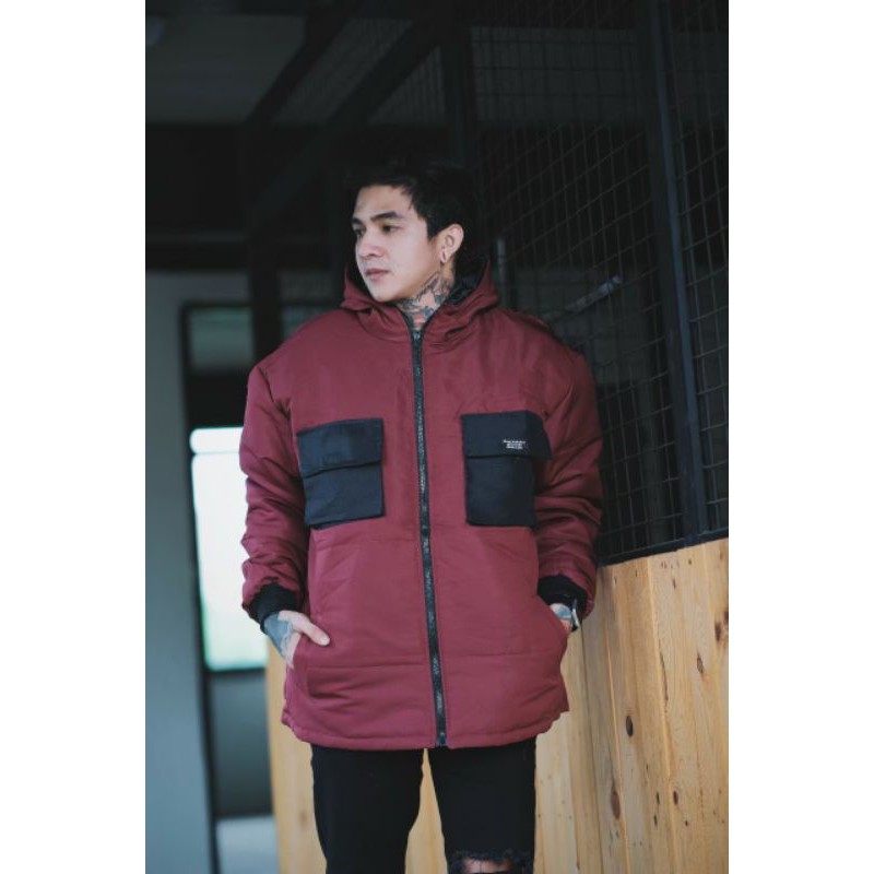 WOLV ORIGINAL JAKET PUFFER Jaket Outdoor pria jacket taslan warna maroon saku hitam seri art WP02