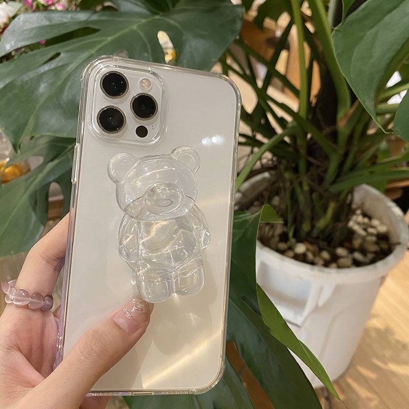 IPHONE Cute Bear Clear Ring Holder bracket Casing Ponsel Silikon Lembut Untuk Iphone14 13 12 11 Pro Max XR X XS 6 7 8 Plus SE Mini bumper Cover