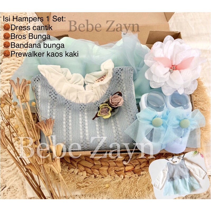 {BEBE ZAYN} Hampers baby/ hampers bayi/ baby gift/ kado bayi/ baby newborn/ Baby Girl/ Flowery Dress Set-Rose Knit Blue