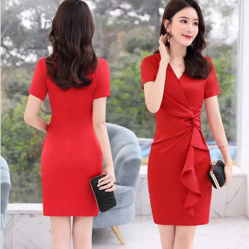 dress v neck lengan pendek model ruffle