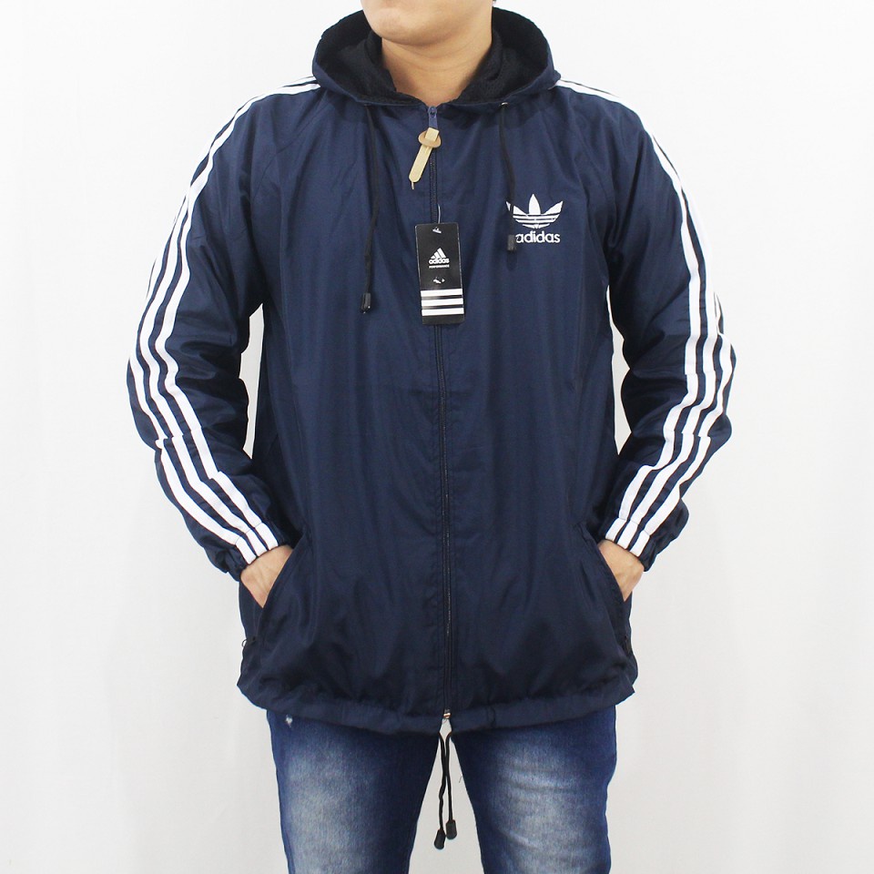 Jaket Pria Parasut Adidas Windbteaker Hitam List Putih XL XXL - Jaket Parsut Jumbo - Jaket Olahraga - Trendy Pria Wanita Sauna Joging Murah Pembakar Lemak Running Pelindung Uv Essentials Hoodie Windbreaker