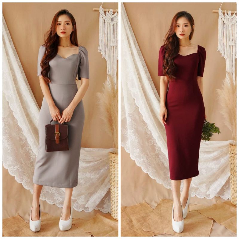 ❣️ SPECIAL PRICE ♡ PREMIUM ♡ ORIGINAL ! JANETH ELEGANT [ SIZE : S &amp; L ] VINTAGE PLAIN BODYCON MIDI SIMPLY PARTY DRESS