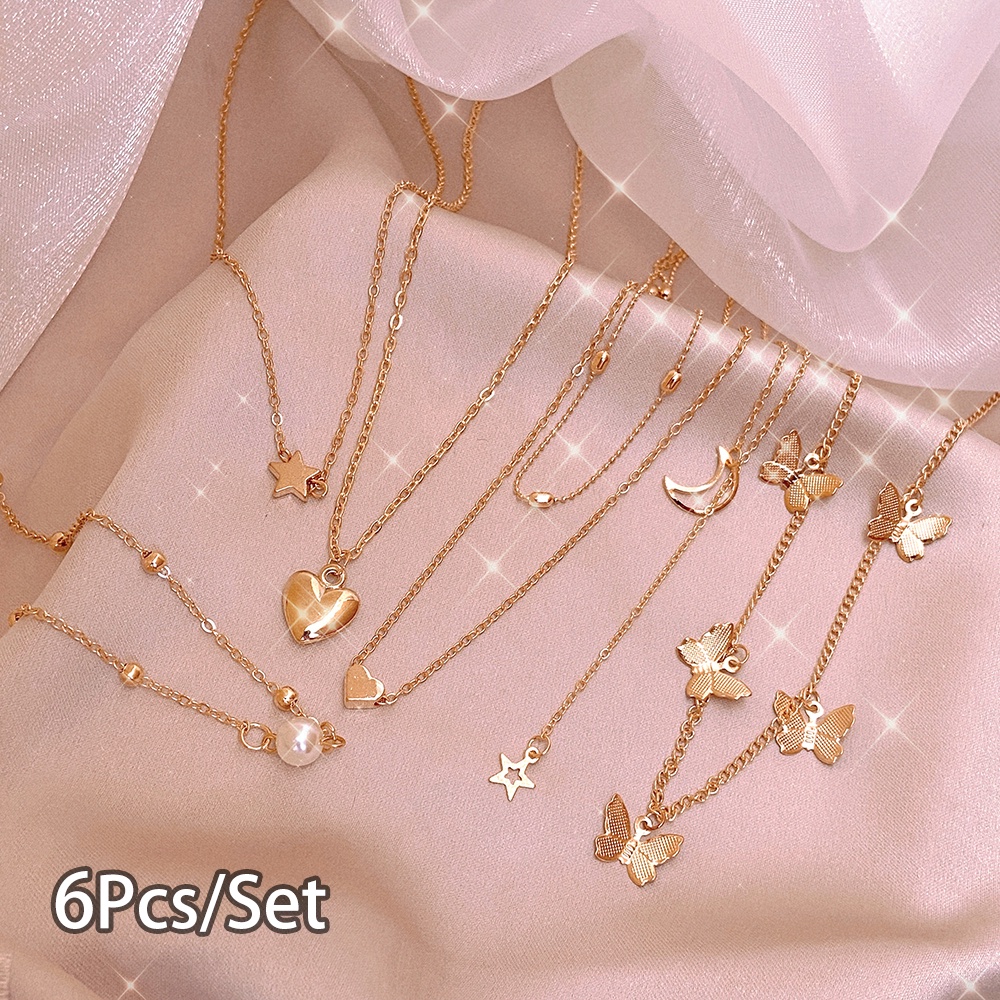 YEEZII Korean Fashion Pearl Butterfly Star Pendant Necklace Moon Heart Multilayer Gold Choker Women Accessories Gift