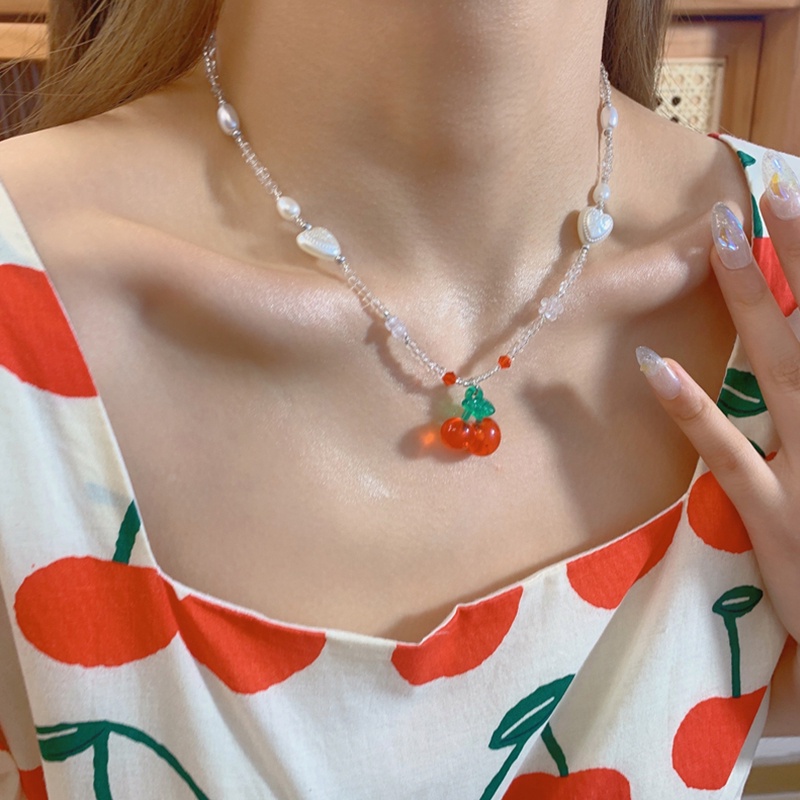 Kalung Rantai Dengan Liontin Buah Ceri Gaya Retro Perancis Untuk Wanita