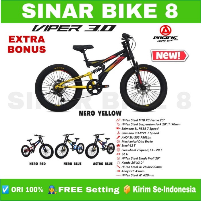 Sepeda Gunung  MTB PACIFIC VIPER 3.0 Ban Jumbo Rem Cakram New Ukuran 20 Inch