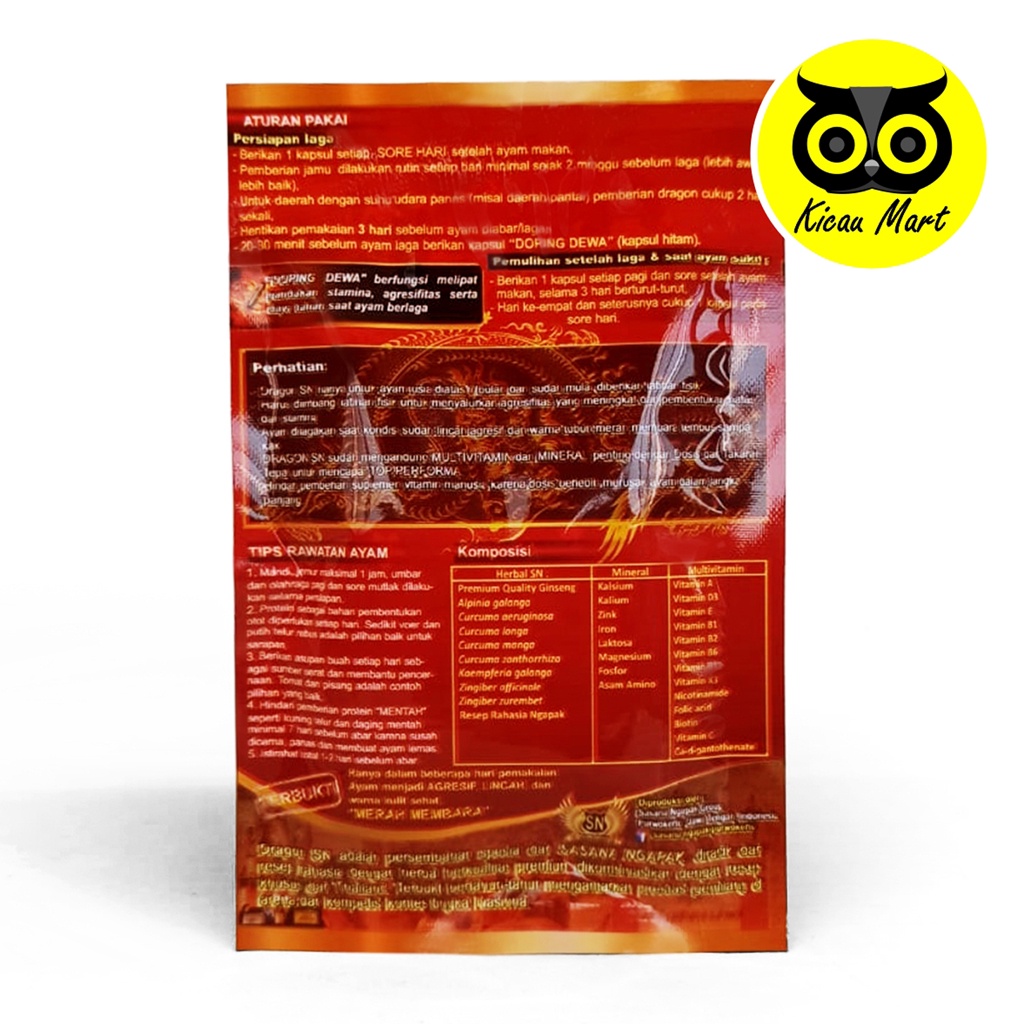 JAMU AYAM DRAGON SN DOPING DEWA SASANA NGAPAK KAPSUL FORMULA KHUSUS AYAM JANTAN LAGA JAGO TARUNG DRGSN