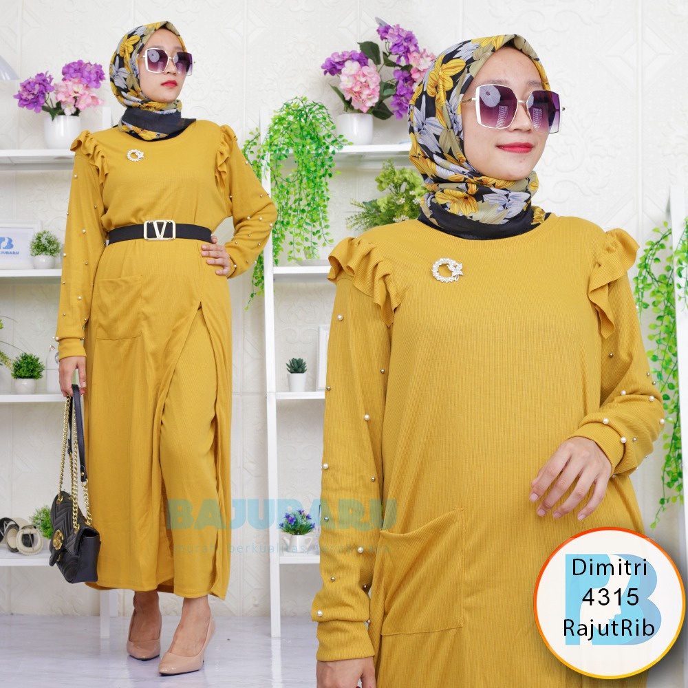 Setcel Gamis Mutiara Ruffle Belah Depan Saku Depan Rajut Rib Jumbo  Dimitri