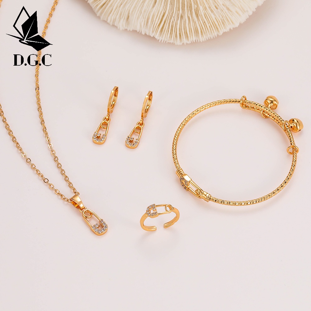 ♥D.G.C✨Titanium Set Perhiasan Anak Perempuan Satu Set Kalung Gelang Anting Korea Cincin Murah D467