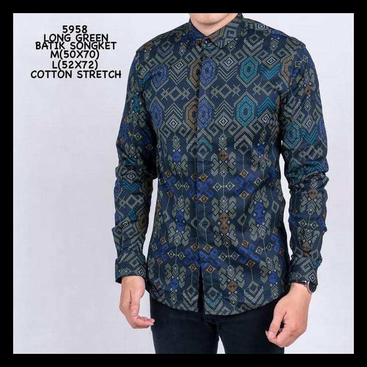 BATIK PREMIUM  Kemeja Batik Biru Lengan Panjang Pria - Tosca size L HEMAT