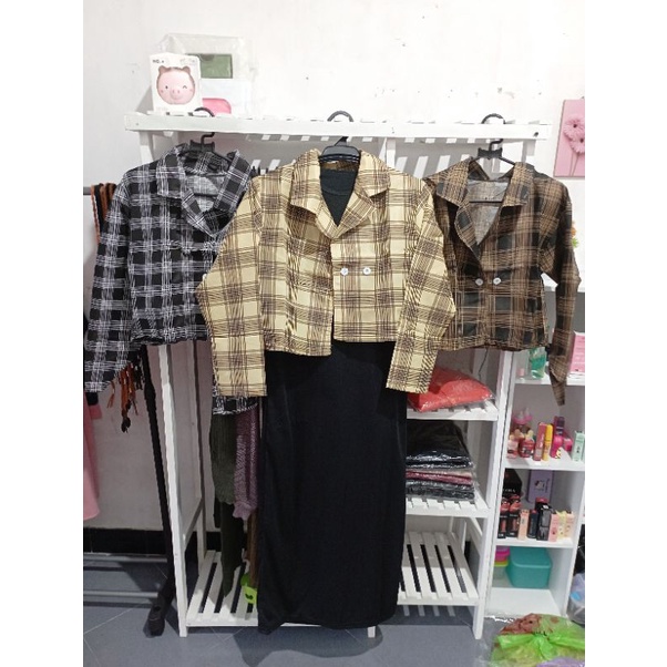 2in1 set dress inner span + blazer kemeja tartan crop