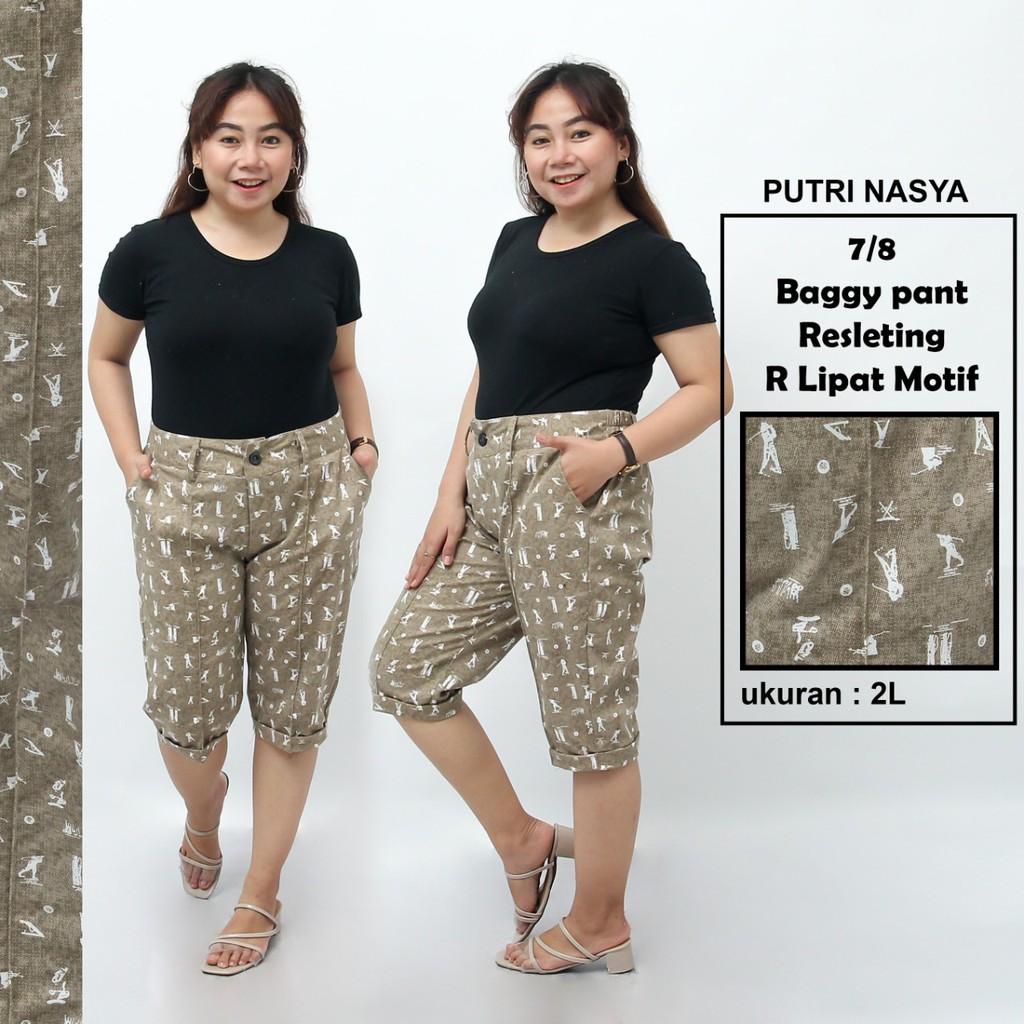 Celana 7/8 jumbo motif Resleting karet/ baggypant jumbo / celana pendek 8L-6L-5L-4L-2L-XL-S fit to L