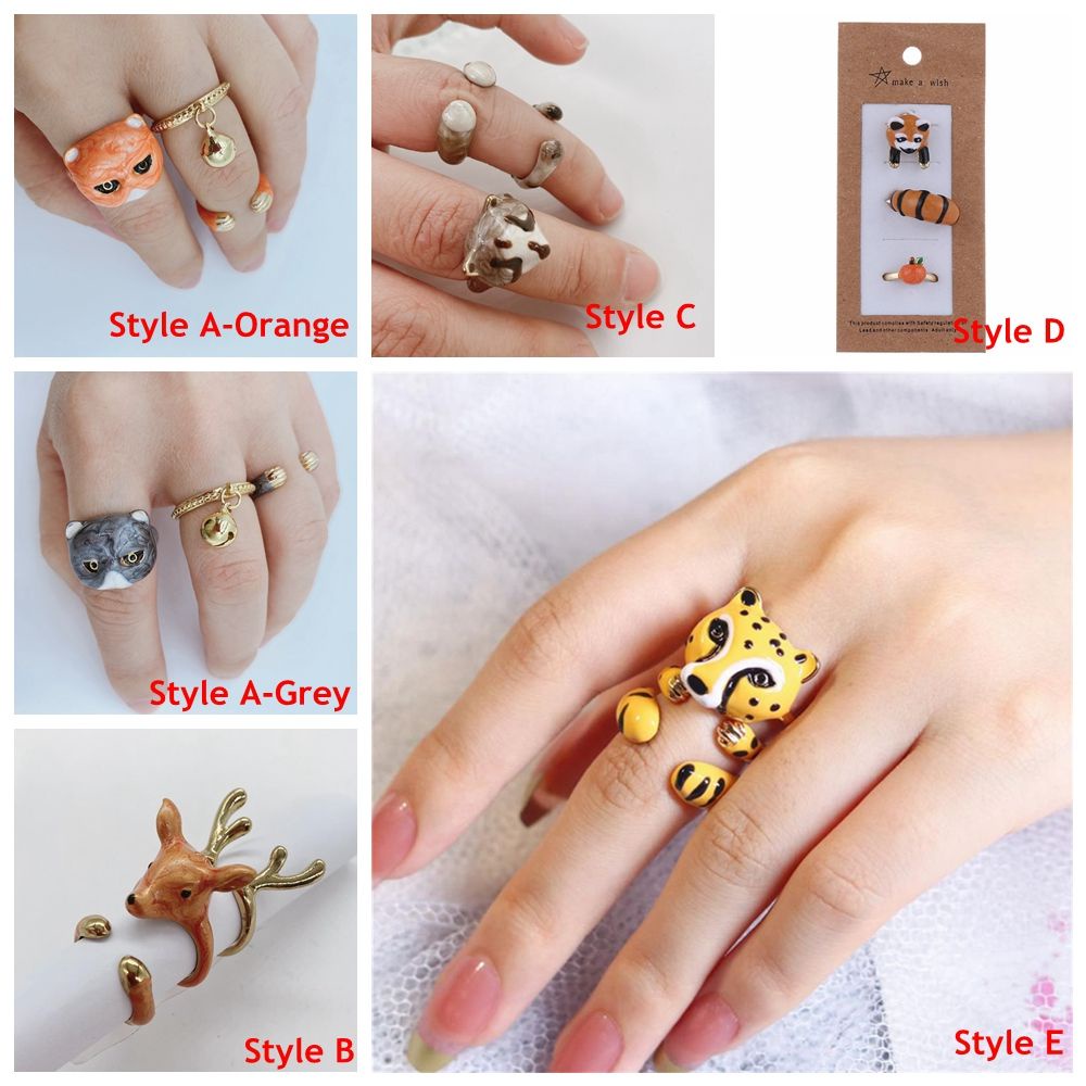 Set Cincin Enamel Desain Hewan Panda Kucing Dengan Ekor Untuk Pria Dan Wanita