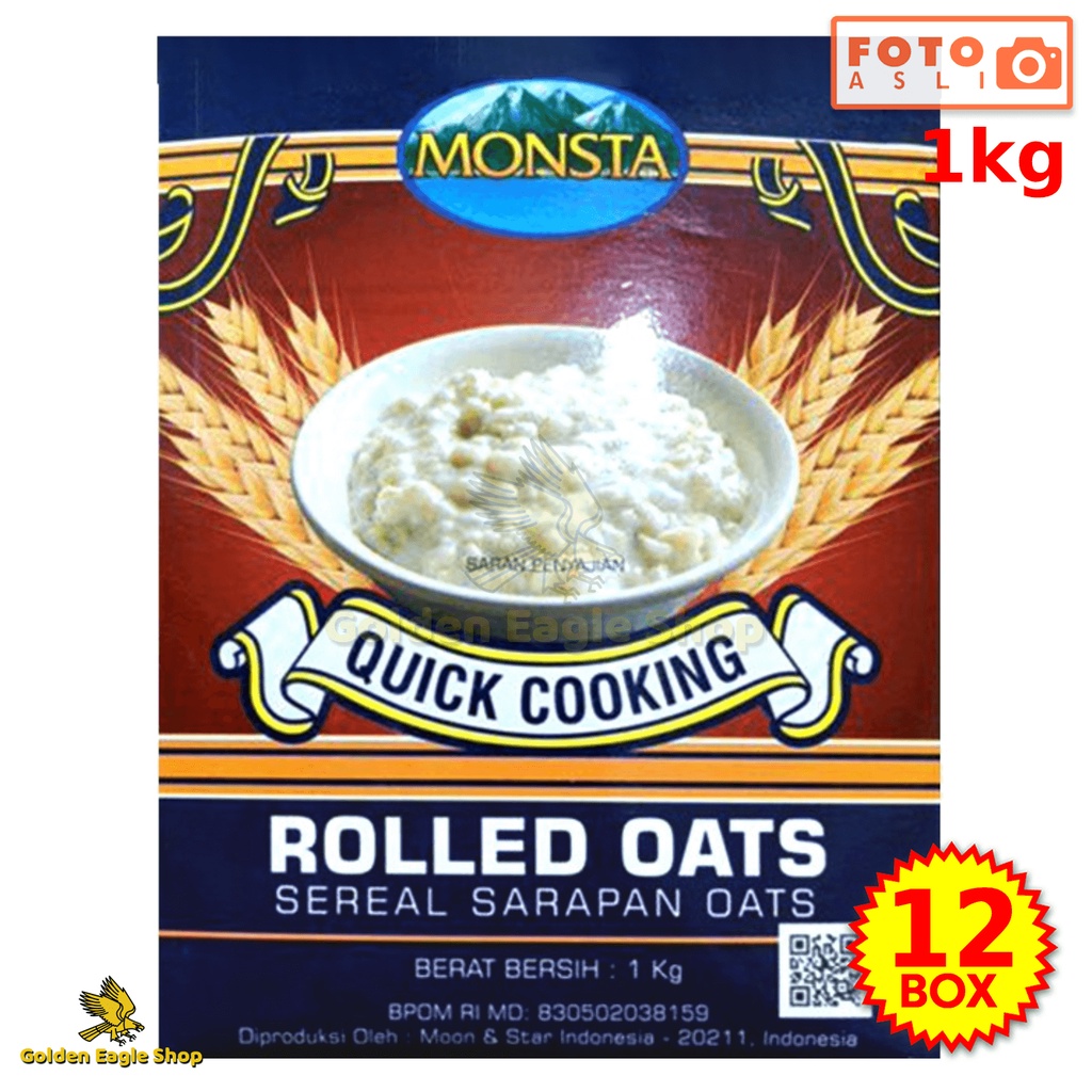 

[Isi 12 Box] Monsta Quick Cooking Rolled Oats Sereal Sarapan Oats (12 Box x 1000 gr) 1 Kg