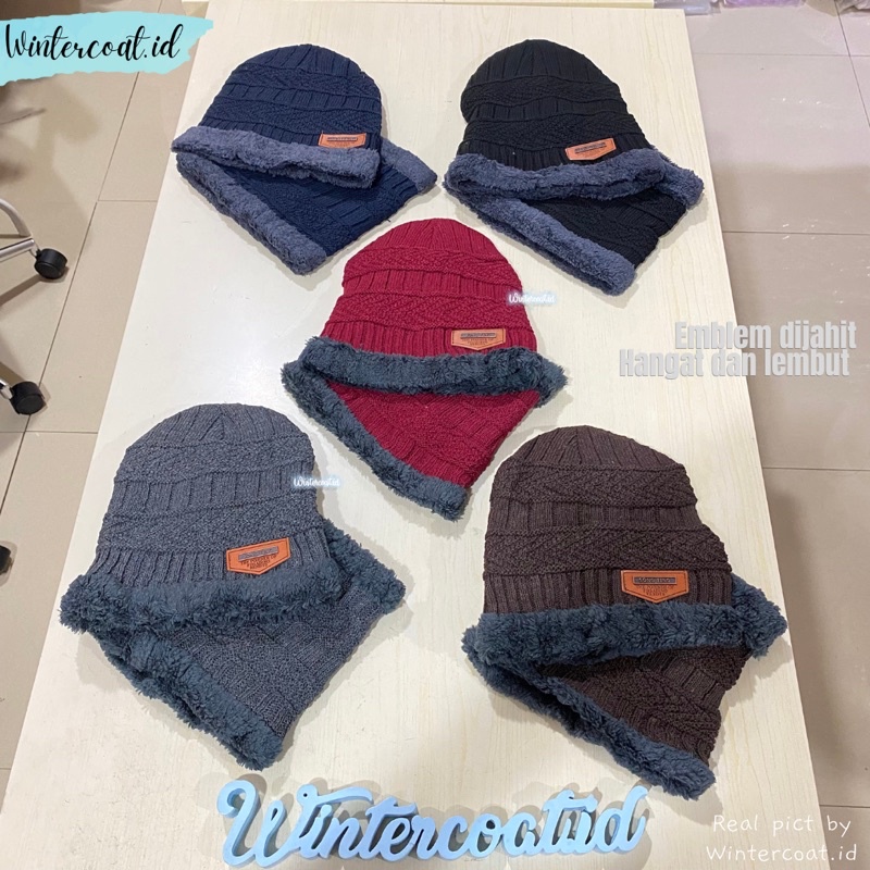 Beanie Hat + Neck warmer 1 set topi kupluk dan penghangat leher winter topi musim dingin hangat pria